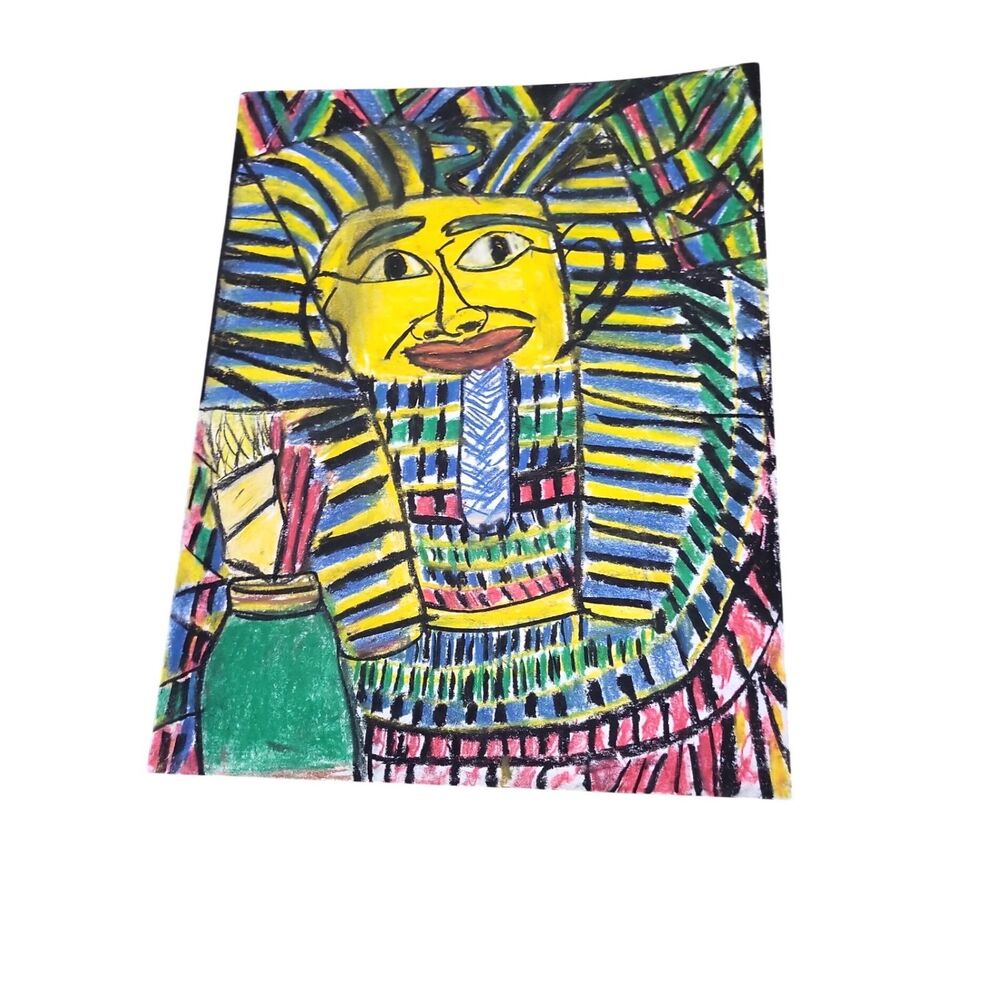 Egyptian Pharaoh King Tut Original Oil Pastel Drawing Folk Art Colorful Painting